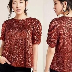 Sequin Puff-Sleeve Top in Rust